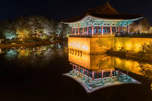 Anapji - ponds on the edge of the former Silla fortress Banwolseong in Gyeongju, South Korea.