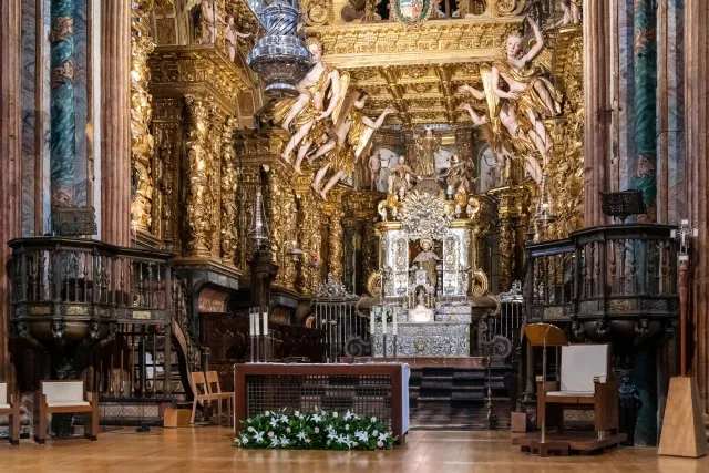 The high altar with the seated figure of St. James under a gilded canopy