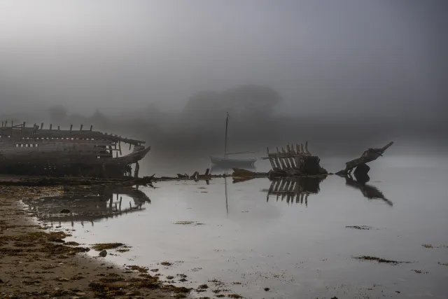 Ship skeletons in the ship graveyard of Rostellec near Crozon in Brittany